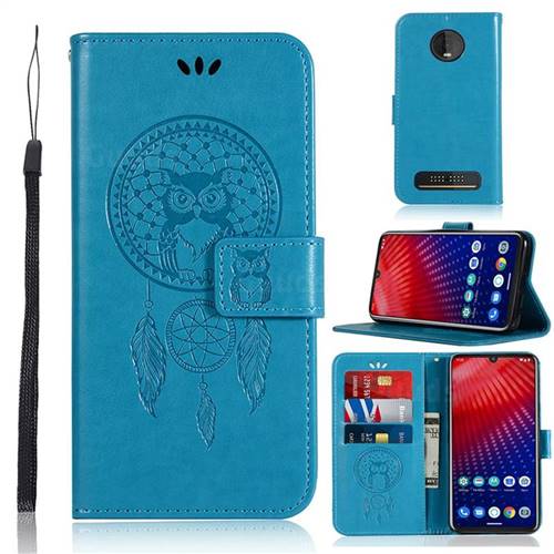 Intricate Embossing Owl Campanula Leather Wallet Case for Motorola Moto Z4 Play - Blue