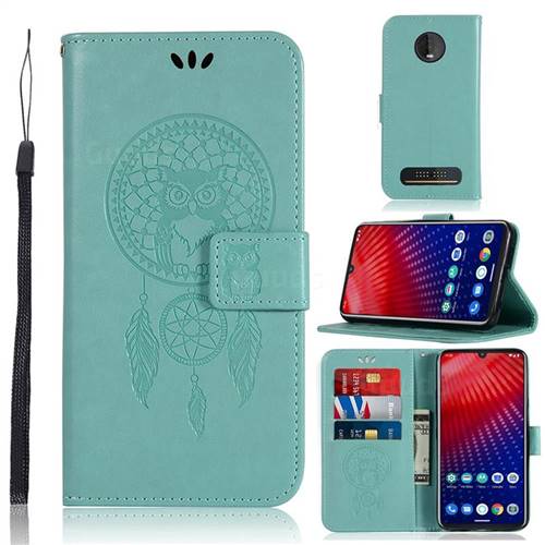 Intricate Embossing Owl Campanula Leather Wallet Case for Motorola Moto Z4 Play - Green
