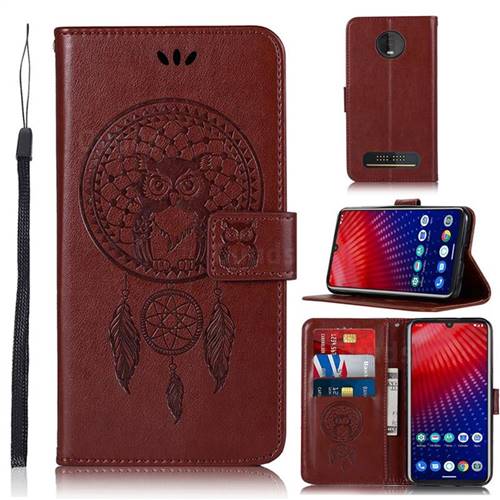 Intricate Embossing Owl Campanula Leather Wallet Case for Motorola Moto Z4 Play - Brown
