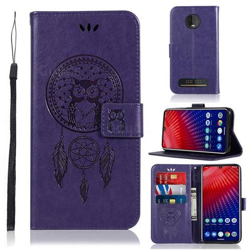 Intricate Embossing Owl Campanula Leather Wallet Case for Motorola Moto Z4 Play - Purple