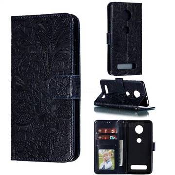 Intricate Embossing Lace Jasmine Flower Leather Wallet Case for Motorola Moto Z4 Play - Dark Blue