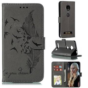 Intricate Embossing Lychee Feather Bird Leather Wallet Case for Motorola Moto Z4 Play - Gray