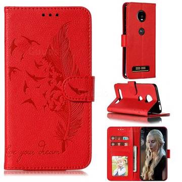 Intricate Embossing Lychee Feather Bird Leather Wallet Case for Motorola Moto Z4 Play - Red