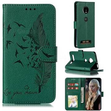 Intricate Embossing Lychee Feather Bird Leather Wallet Case for Motorola Moto Z4 Play - Green