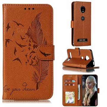 Intricate Embossing Lychee Feather Bird Leather Wallet Case for Motorola Moto Z4 Play - Brown