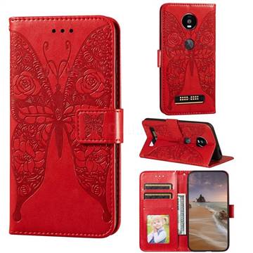 Intricate Embossing Rose Flower Butterfly Leather Wallet Case for Motorola Moto Z4 Play - Red