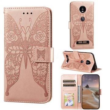 Intricate Embossing Rose Flower Butterfly Leather Wallet Case for Motorola Moto Z4 Play - Rose Gold