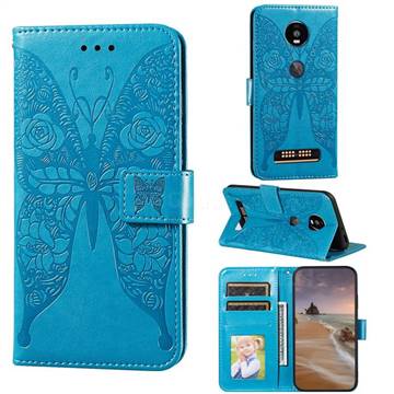 Intricate Embossing Rose Flower Butterfly Leather Wallet Case for Motorola Moto Z4 Play - Blue
