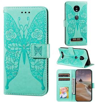 Intricate Embossing Rose Flower Butterfly Leather Wallet Case for Motorola Moto Z4 Play - Green