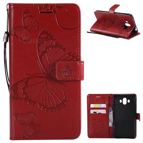 Embossing 3D Butterfly Leather Wallet Case for Huawei Mate 10 (5.9 inch, front Fingerprint) - Red