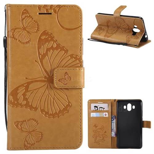 Embossing 3D Butterfly Leather Wallet Case for Huawei Mate 10 (5.9 inch, front Fingerprint) - Yellow