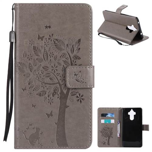 Embossing Butterfly Tree Leather Wallet Case for Huawei Mate9 Mate 9 - Grey