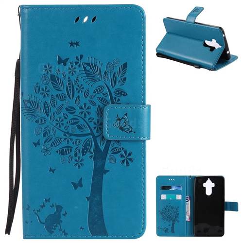 Embossing Butterfly Tree Leather Wallet Case for Huawei Mate9 Mate 9 - Blue