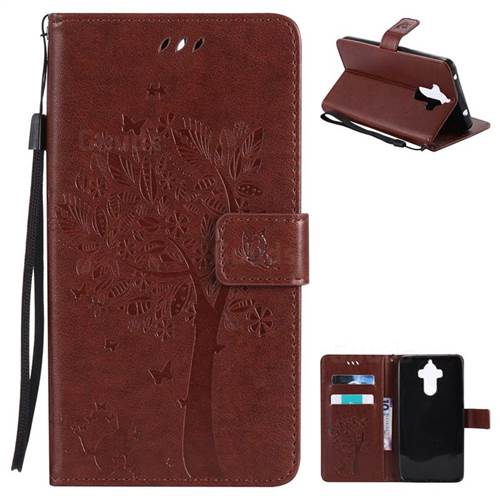 Embossing Butterfly Tree Leather Wallet Case for Huawei Mate9 Mate 9 - Brown