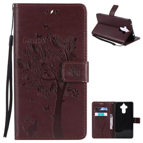 Embossing Butterfly Tree Leather Wallet Case for Huawei Mate9 Mate 9 - Coffee