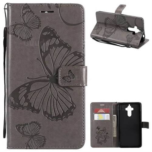 Embossing 3D Butterfly Leather Wallet Case for Huawei Mate9 Mate 9 - Gray