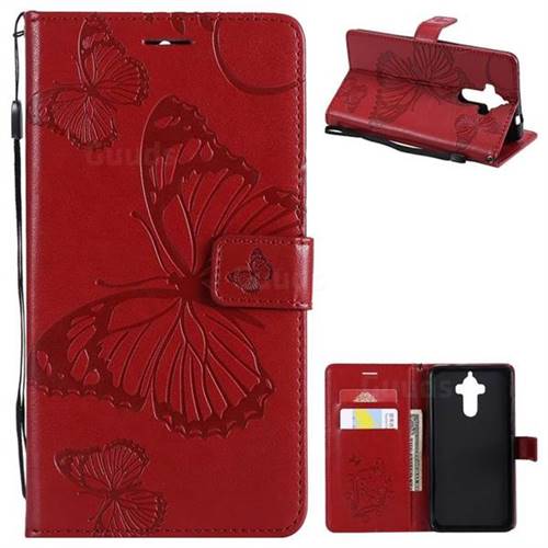 Embossing 3D Butterfly Leather Wallet Case for Huawei Mate9 Mate 9 - Red