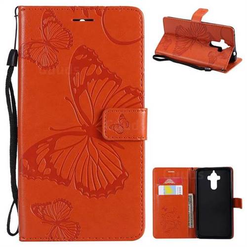 Embossing 3D Butterfly Leather Wallet Case for Huawei Mate9 Mate 9 - Orange