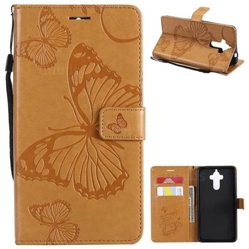 Embossing 3D Butterfly Leather Wallet Case for Huawei Mate9 Mate 9 - Yellow