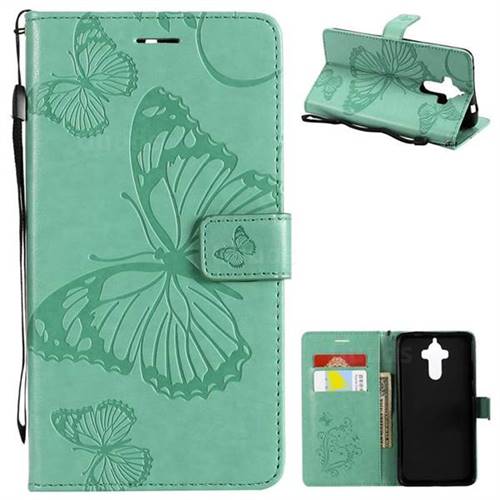 Embossing 3D Butterfly Leather Wallet Case for Huawei Mate9 Mate 9 - Green