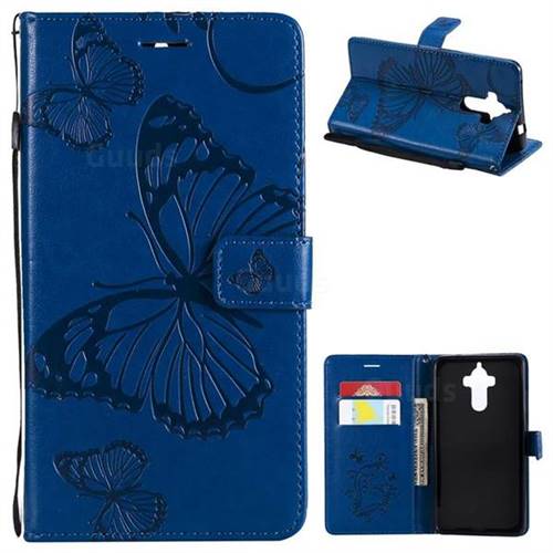 Embossing 3D Butterfly Leather Wallet Case for Huawei Mate9 Mate 9 - Blue