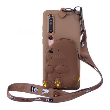 Brown Bear Neck Lanyard Zipper Wallet Silicone Case for Xiaomi Mi 10 / Mi 10 Pro 5G