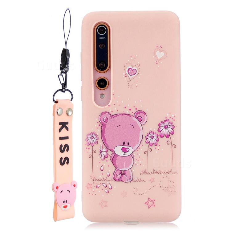 Pink Flower Bear Soft Kiss Candy Hand Strap Silicone Case for Xiaomi Mi 10 / Mi 10 Pro 5G