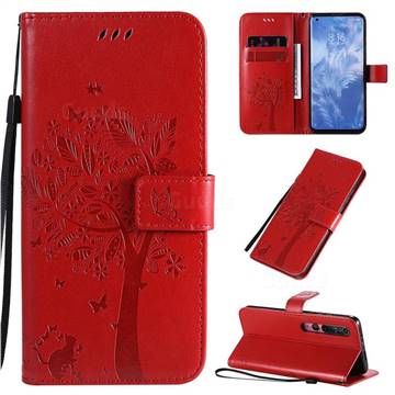 Embossing Butterfly Tree Leather Wallet Case for Xiaomi Mi 10 / Mi 10 Pro 5G - Red