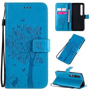 Embossing Butterfly Tree Leather Wallet Case for Xiaomi Mi 10 / Mi 10 Pro 5G - Blue