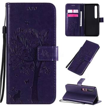 Embossing Butterfly Tree Leather Wallet Case for Xiaomi Mi 10 / Mi 10 Pro 5G - Purple