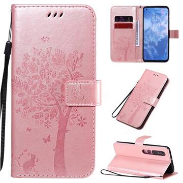 Embossing Butterfly Tree Leather Wallet Case for Xiaomi Mi 10 / Mi 10 Pro 5G - Rose Pink