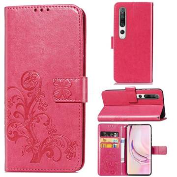 Embossing Imprint Four-Leaf Clover Leather Wallet Case for Xiaomi Mi 10 / Mi 10 Pro 5G - Rose Red