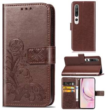 Embossing Imprint Four-Leaf Clover Leather Wallet Case for Xiaomi Mi 10 / Mi 10 Pro 5G - Brown