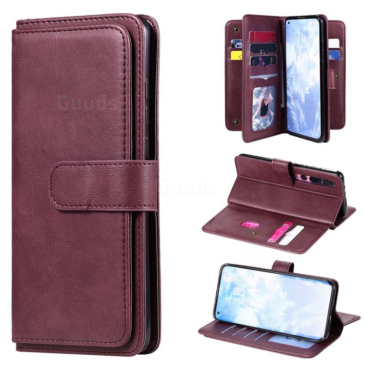 Multi-function Ten Card Slots and Photo Frame PU Leather Wallet Phone Case Cover for Xiaomi Mi 10 / Mi 10 Pro 5G - Claret