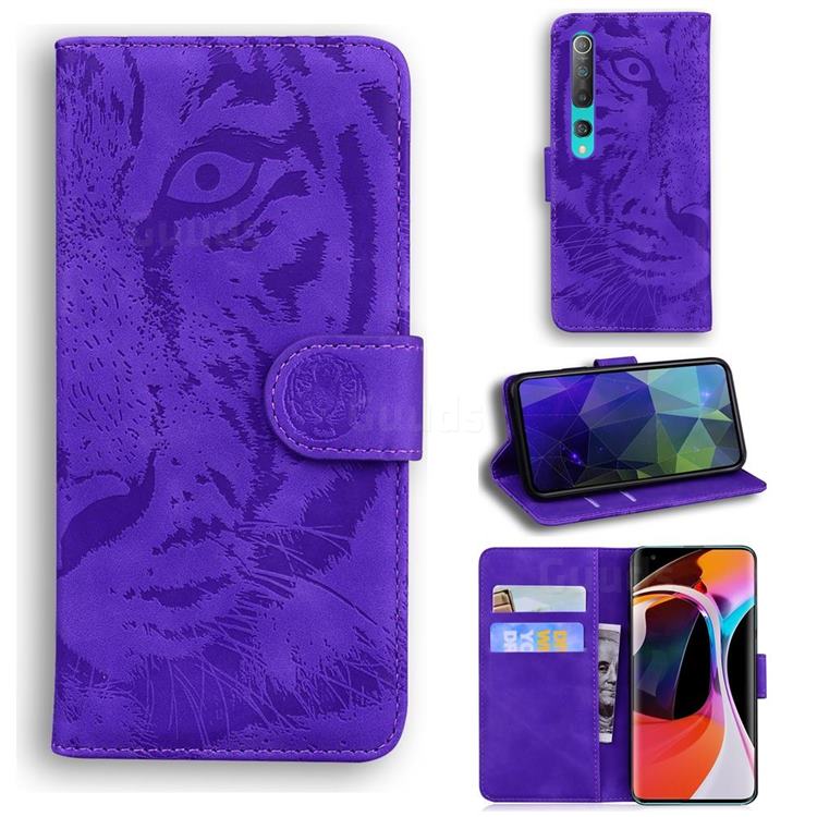 Intricate Embossing Tiger Face Leather Wallet Case for Xiaomi Mi 10 / Mi 10 Pro 5G - Purple
