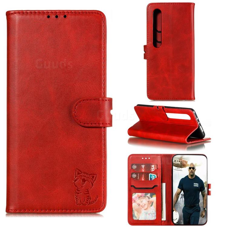 Embossing Happy Cat Leather Wallet Case for Xiaomi Mi 10 / Mi 10 Pro 5G - Red