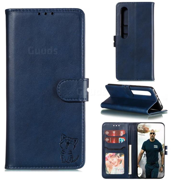 Embossing Happy Cat Leather Wallet Case for Xiaomi Mi 10 / Mi 10 Pro 5G - Blue