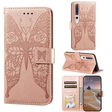 Intricate Embossing Rose Flower Butterfly Leather Wallet Case for Xiaomi Mi 10 / Mi 10 Pro 5G - Rose Gold