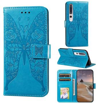 Intricate Embossing Rose Flower Butterfly Leather Wallet Case for Xiaomi Mi 10 / Mi 10 Pro 5G - Blue