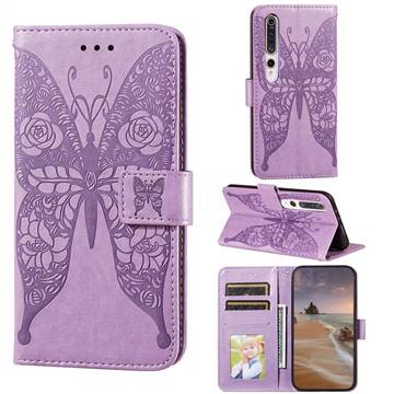 Intricate Embossing Rose Flower Butterfly Leather Wallet Case for Xiaomi Mi 10 / Mi 10 Pro 5G - Purple