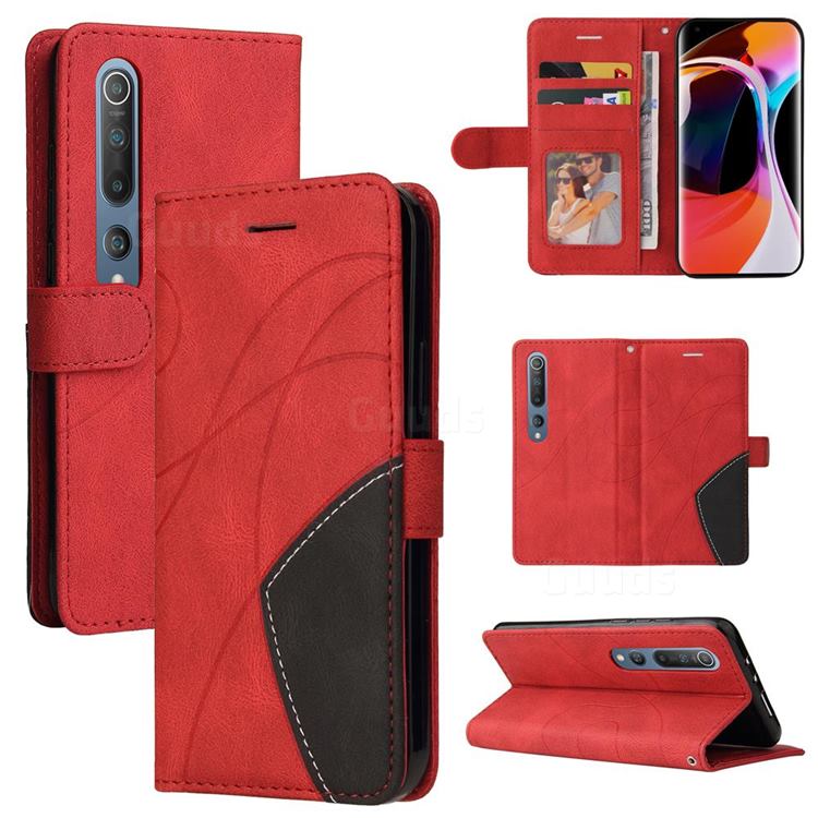Luxury Two-color Stitching Leather Wallet Case Cover for Xiaomi Mi 10 / Mi 10 Pro 5G - Red