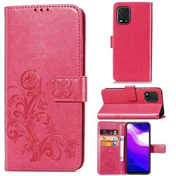 Embossing Imprint Four-Leaf Clover Leather Wallet Case for Xiaomi Mi 10 Lite - Rose Red