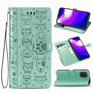 Embossing Dog Paw Kitten and Puppy Leather Wallet Case for Xiaomi Mi 10 Lite - Green
