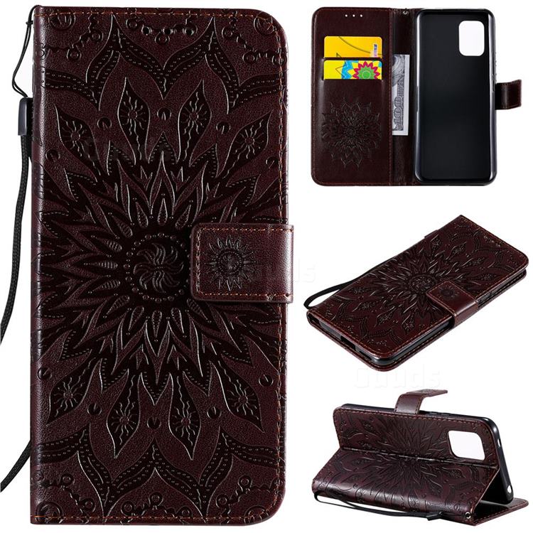 Embossing Sunflower Leather Wallet Case for Xiaomi Mi 10 Lite - Brown