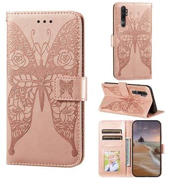 Intricate Embossing Rose Flower Butterfly Leather Wallet Case for Xiaomi Mi 10 Lite - Rose Gold