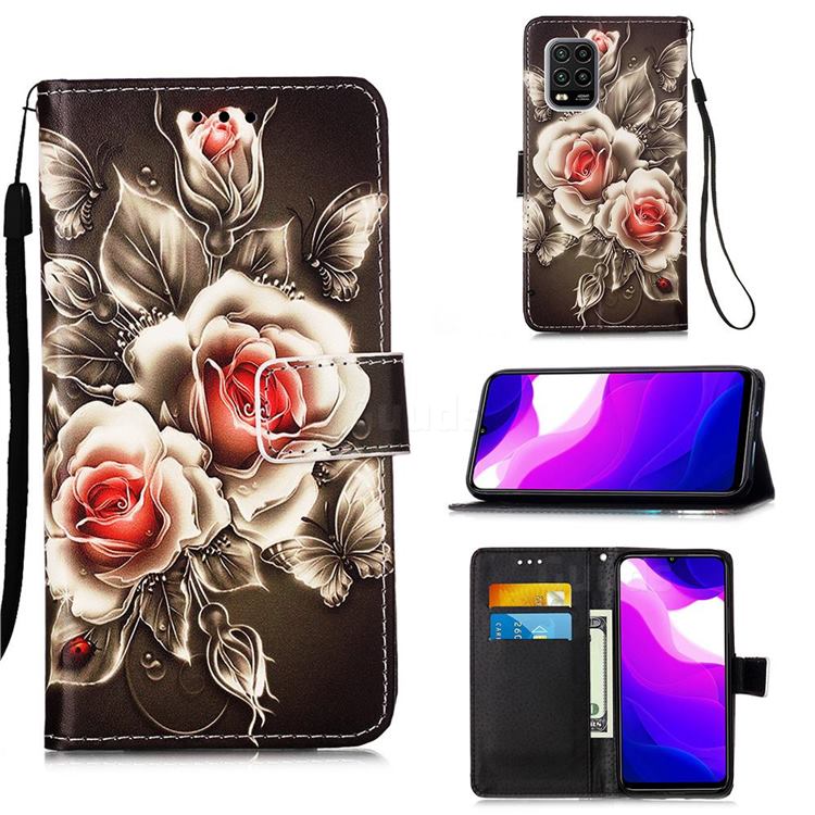 Black Rose Matte Leather Wallet Phone Case for Xiaomi Mi 10 Lite