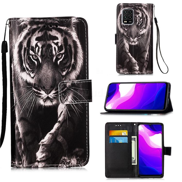 Black and White Tiger Matte Leather Wallet Phone Case for Xiaomi Mi 10 Lite