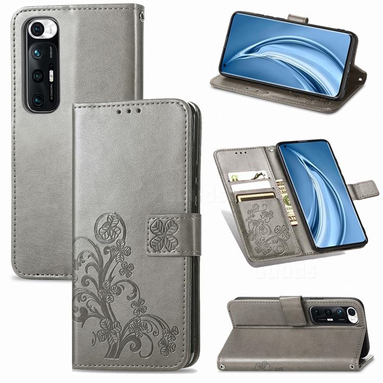 Embossing Imprint Four-Leaf Clover Leather Wallet Case for Xiaomi Mi 10S - Grey