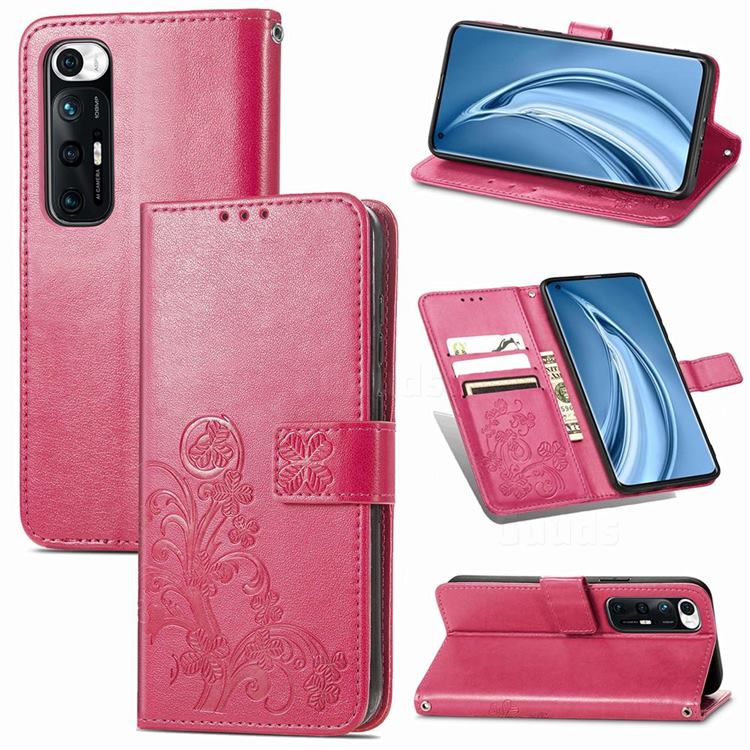 Embossing Imprint Four-Leaf Clover Leather Wallet Case for Xiaomi Mi 10S - Rose Red
