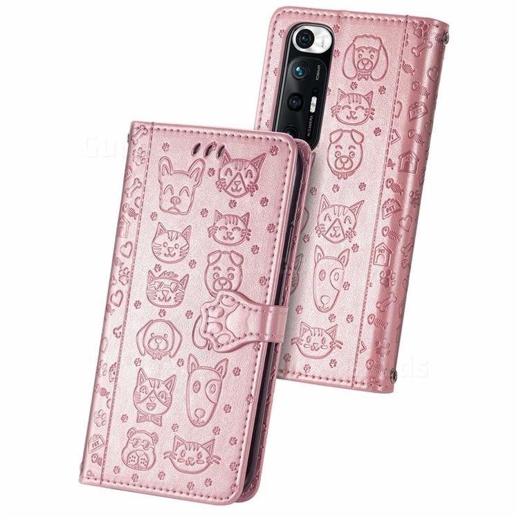 Embossing Dog Paw Kitten and Puppy Leather Wallet Case for Xiaomi Mi 10S - Rose Gold